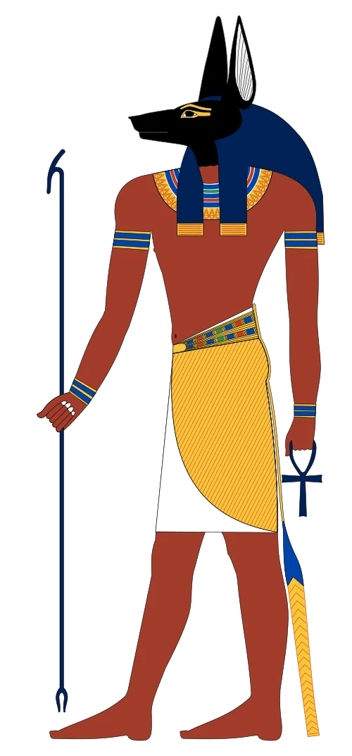 Classic illustration of Anubis standing upright, holding the was-scepter and ankh, depicted as a man with a black jackal head
